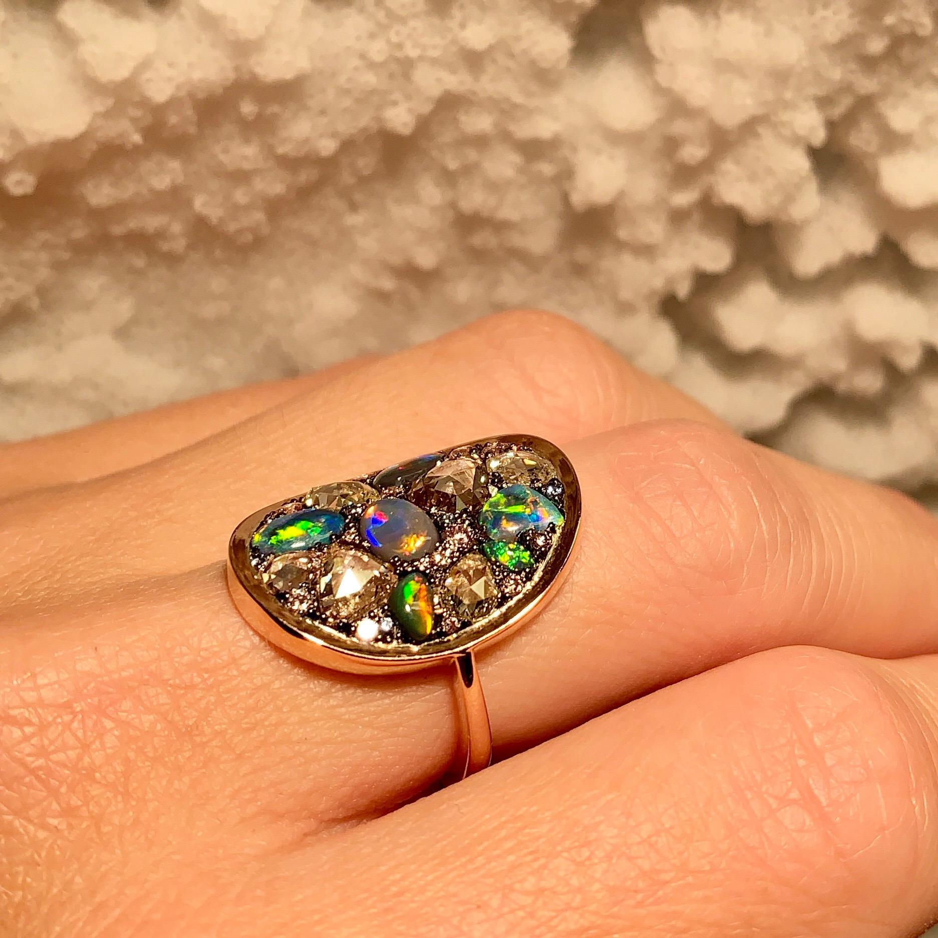 Black Opal, Rose-Cut and Fancy Pink Diamond, Unheated Blue Sapphire Pave Ring 10