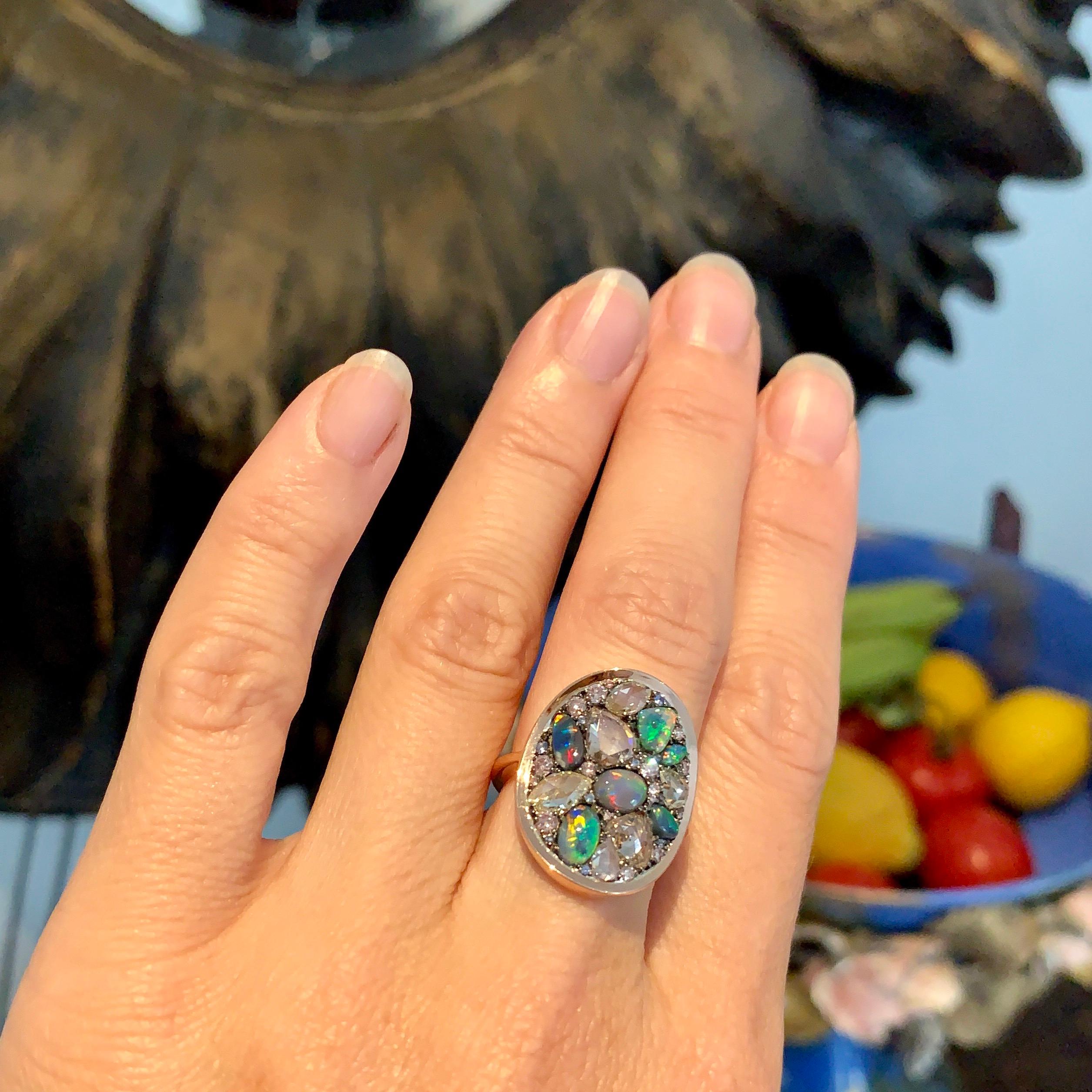 Black Opal, Rose-Cut and Fancy Pink Diamond, Unheated Blue Sapphire Pave Ring 11