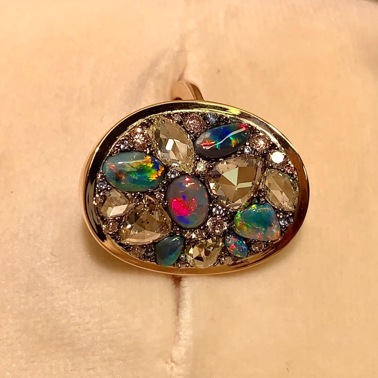 Contemporary Black Opal, Rose-Cut and Fancy Pink Diamond, Unheated Blue Sapphire Pave Ring