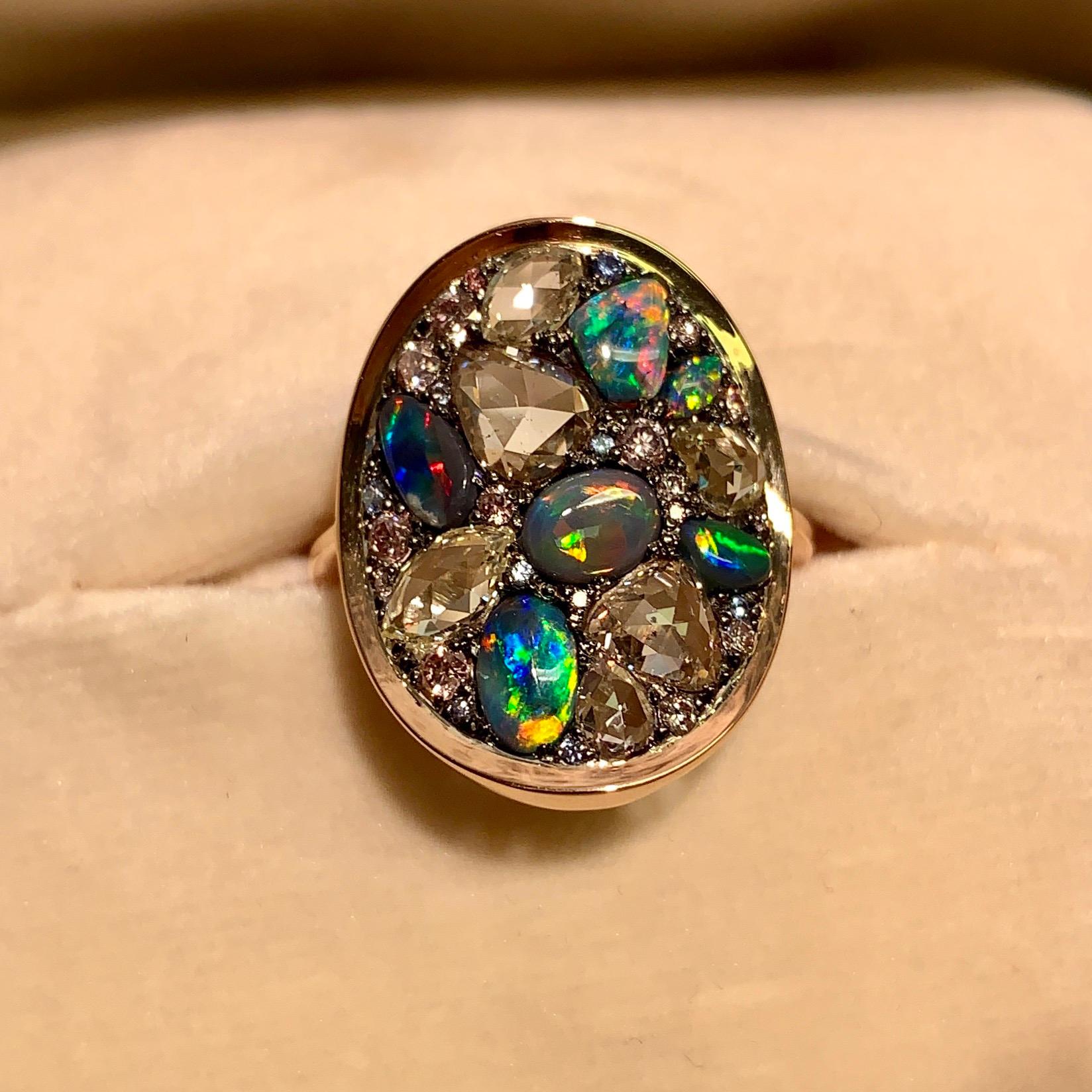 Rose Cut Black Opal, Rose-Cut and Fancy Pink Diamond, Unheated Blue Sapphire Pave Ring