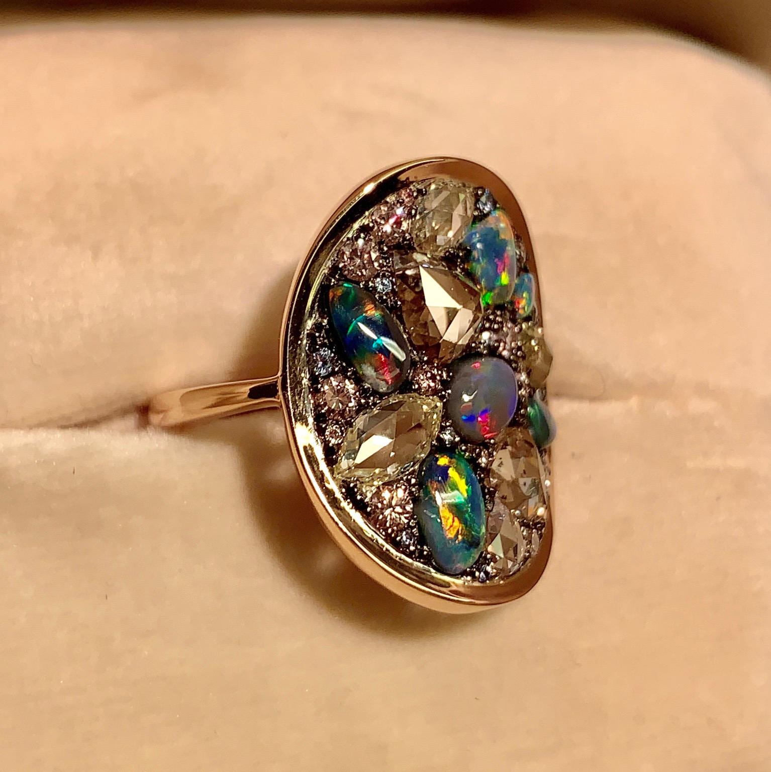 Black Opal, Rose-Cut and Fancy Pink Diamond, Unheated Blue Sapphire Pave Ring In New Condition In Antwerp, BE