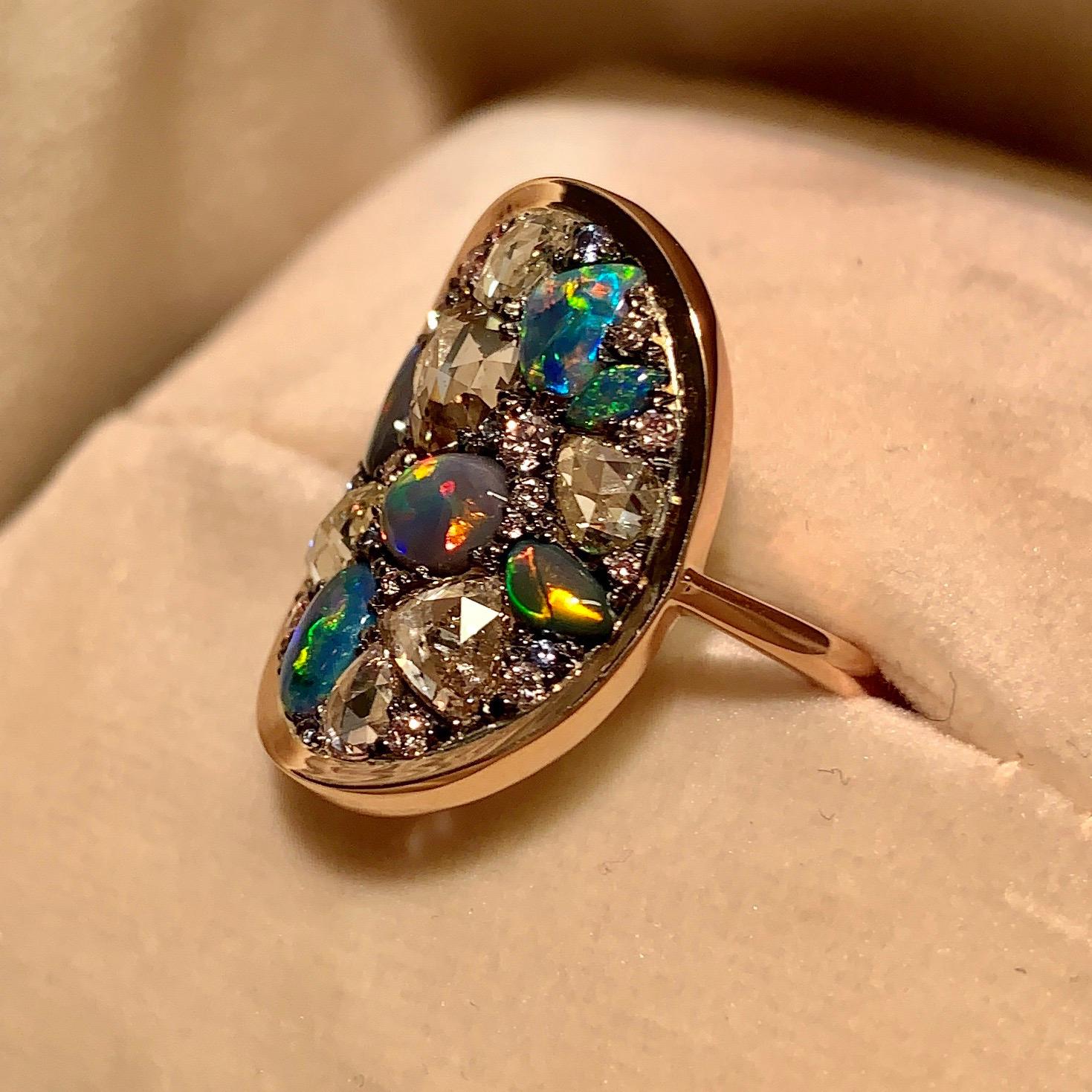 Black Opal, Rose-Cut and Fancy Pink Diamond, Unheated Blue Sapphire Pave Ring 1