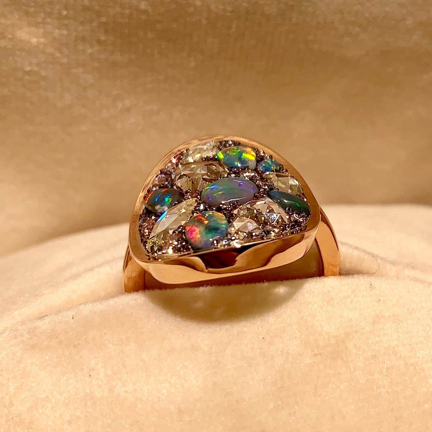 Black Opal, Rose-Cut and Fancy Pink Diamond, Unheated Blue Sapphire Pave Ring 2