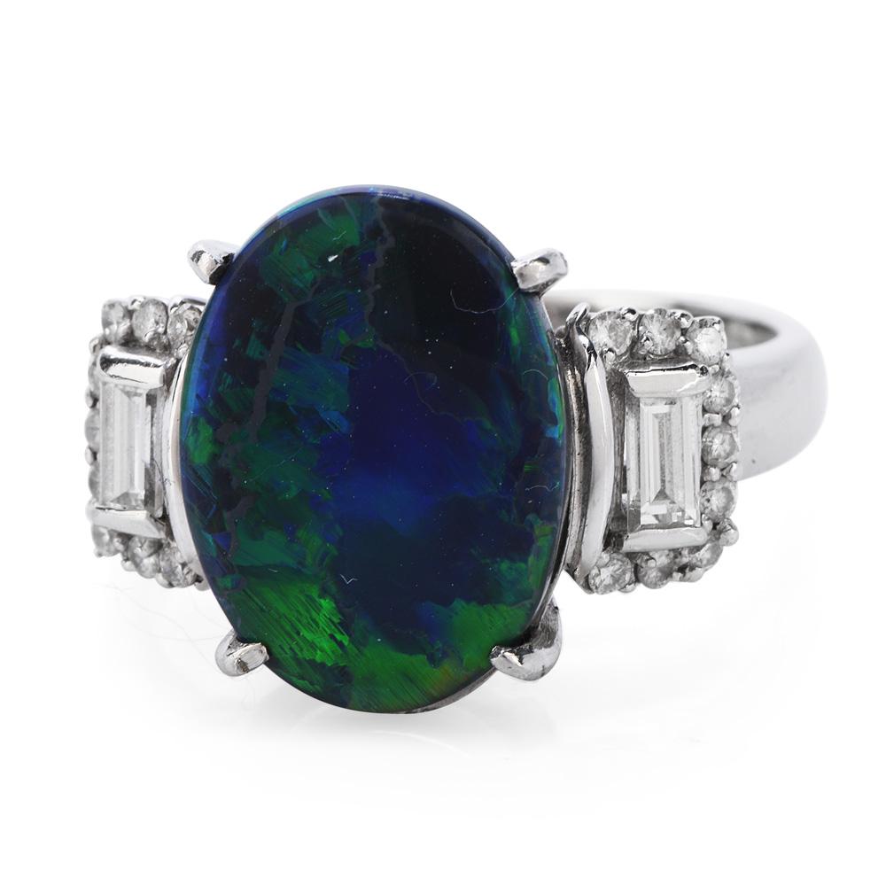 Schwarzer runder schwarzer Opal und Baguette-Diamant Platin Cocktail-Ring (Art déco)