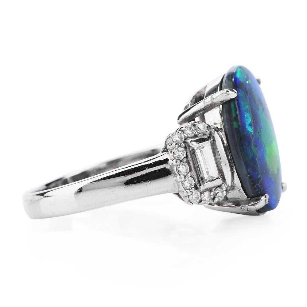 Schwarzer runder schwarzer Opal und Baguette-Diamant Platin Cocktail-Ring (Rundschliff)
