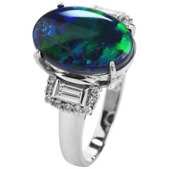Black Opal Round and Baguette Diamond Platinum Cocktail Ring