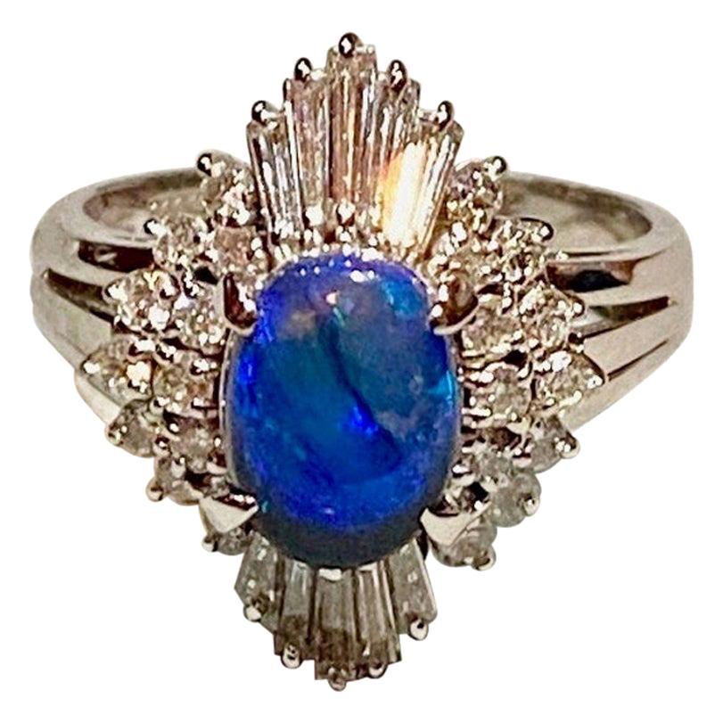 Black Opal, Round Brilliant and Tapered Baguette Diamond and Platinum Ring For Sale