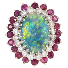 Black Opal Ruby Diamond Cocktail Ring Retro 14 Karat Gold Estate Jewelry