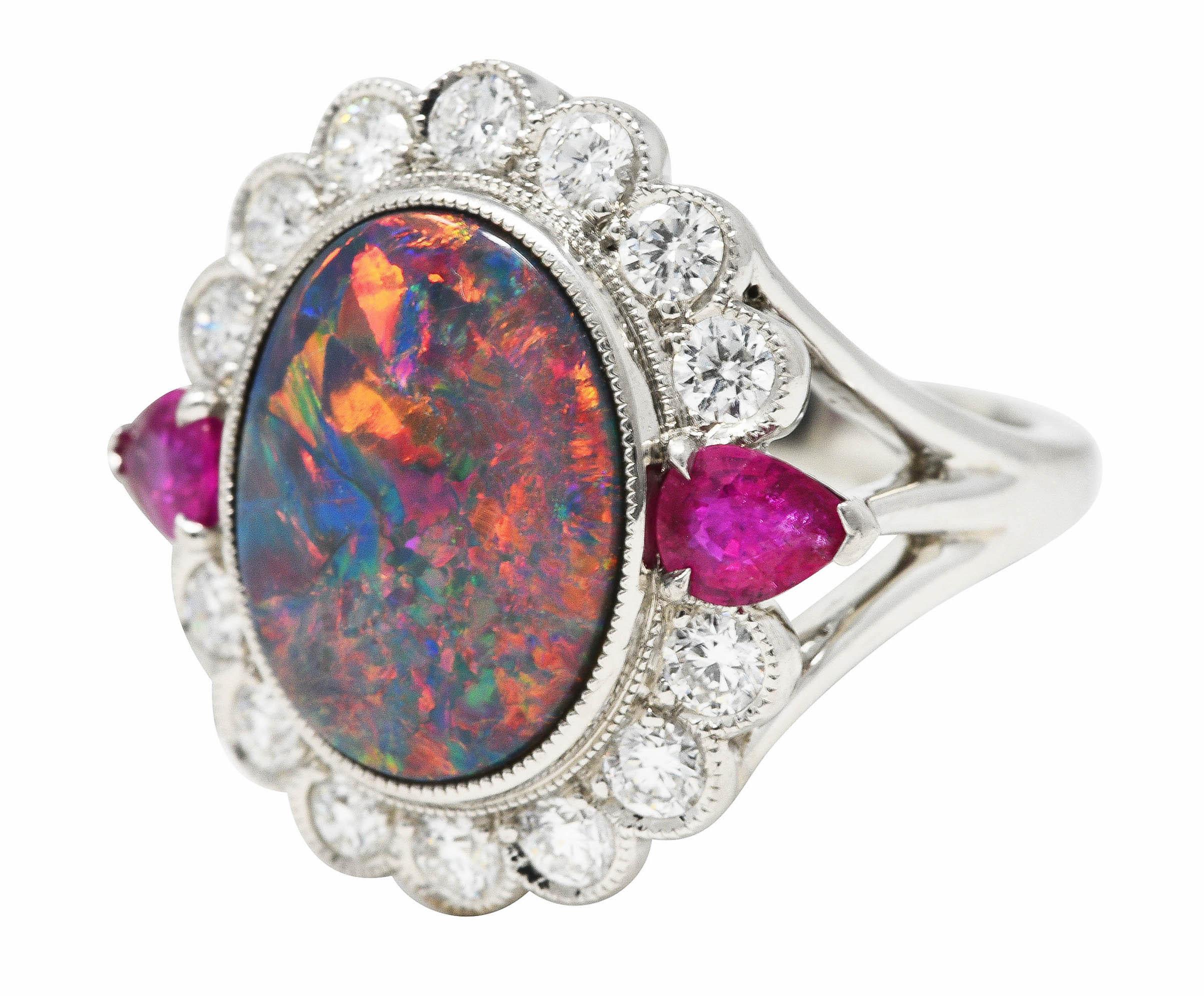 Contemporary Black Opal Ruby Diamond Platinum Cluster Cocktail Vintage Ring For Sale
