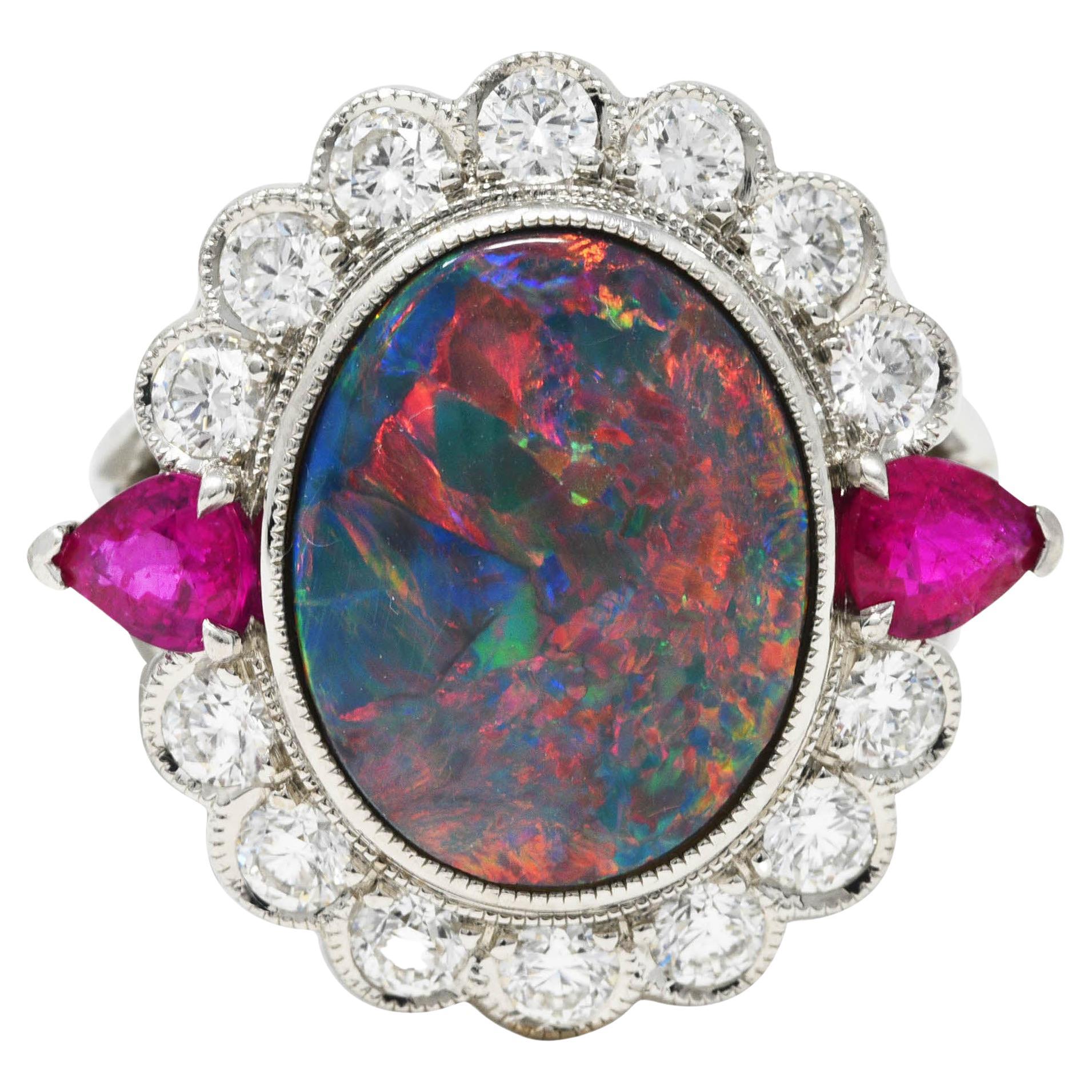 Black Opal Ruby Diamond Platinum Cluster Cocktail Vintage Ring