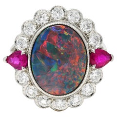 Black Opal Ruby Diamond Platinum Cluster Cocktail Vintage Ring