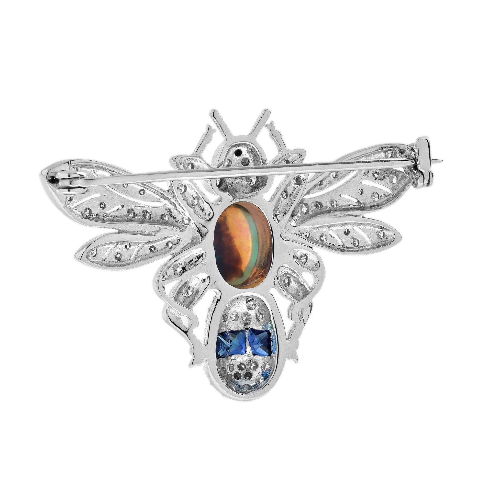 Black Opal Sapphire and Diamond Art Deco Style Bee Brooch in 18K White Gold 2