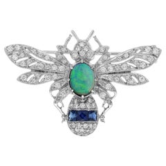 Black Opal Sapphire and Diamond Art Deco Style Bee Brooch in 18K White Gold