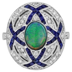 Black Opal Sapphire and Diamond Art Deco Style Cocktail Ring in 18K White Gold