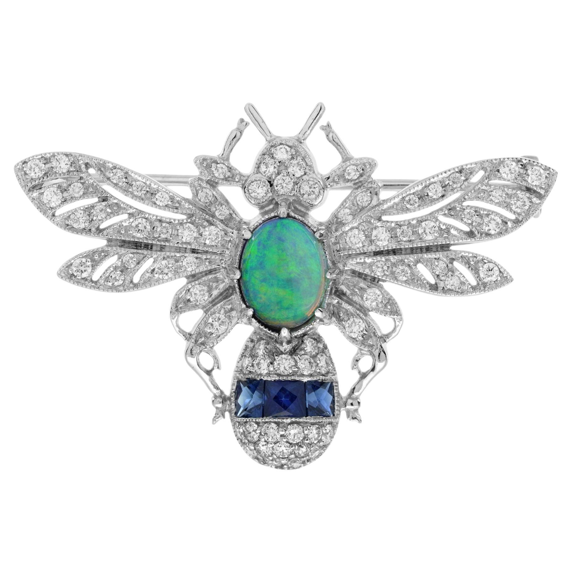 Opale nero e zaffiro con pavé di diamanti Spilla ape in stile antico di ispirazione vintage in vendita