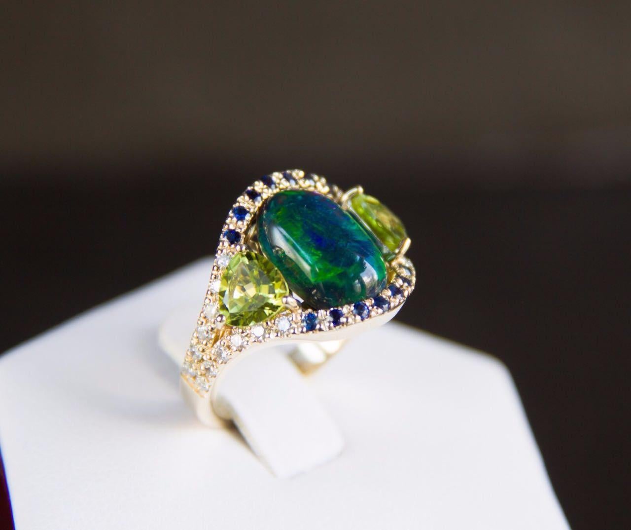 For Sale:  Black Opal, Sapphires, Peridots, Diamonds 14k Gold Ring, Genuine Opal Ring 5