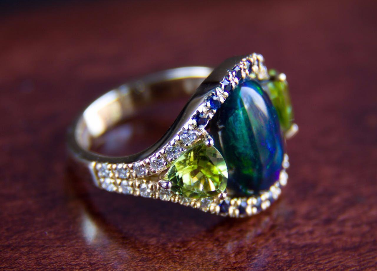 For Sale:  Black Opal, Sapphires, Peridots, Diamonds 14k Gold Ring, Genuine Opal Ring 7