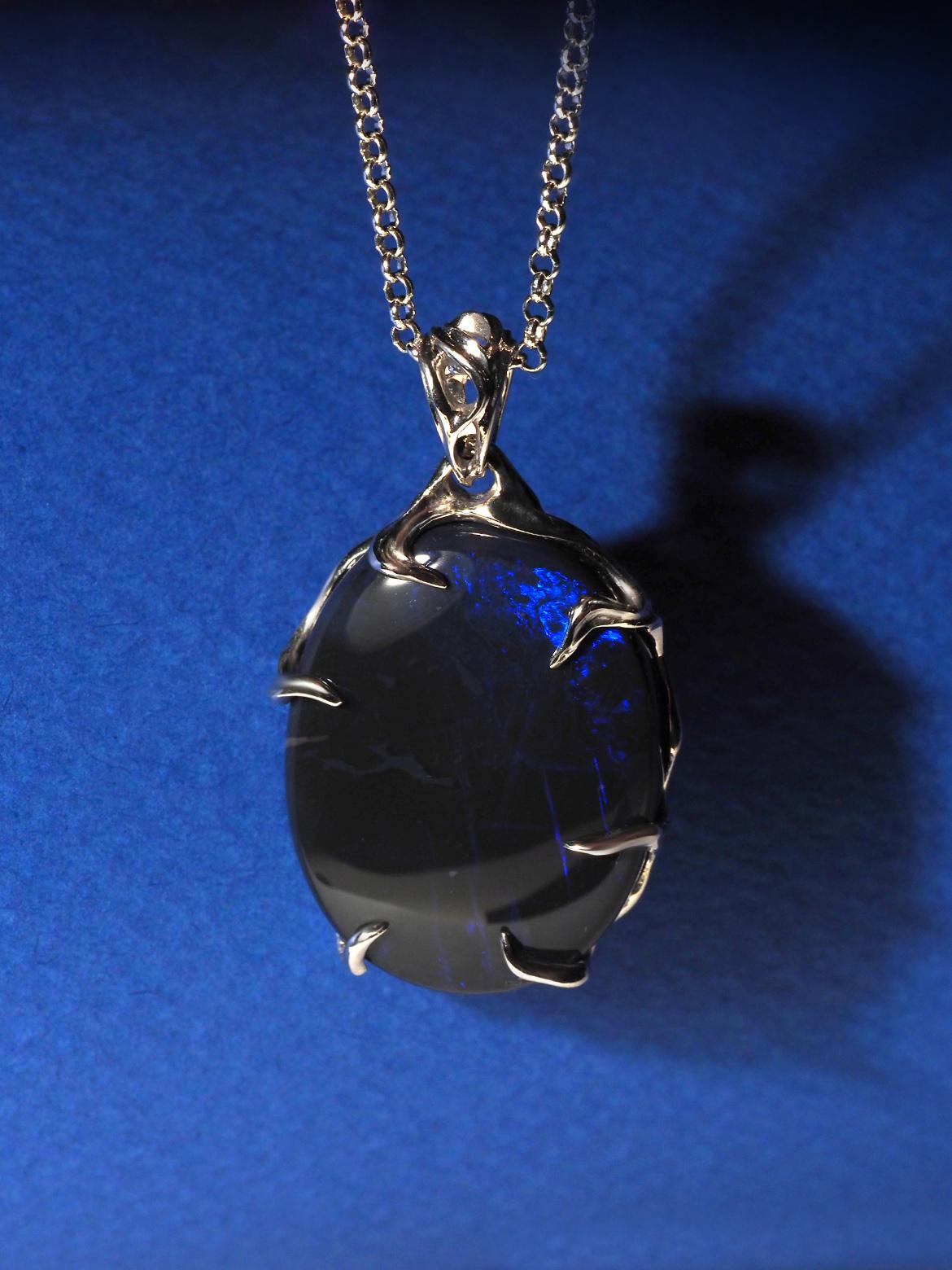 Black Opal silver necklace Mens jewelry gift Large blue opal australian natural For Sale 4