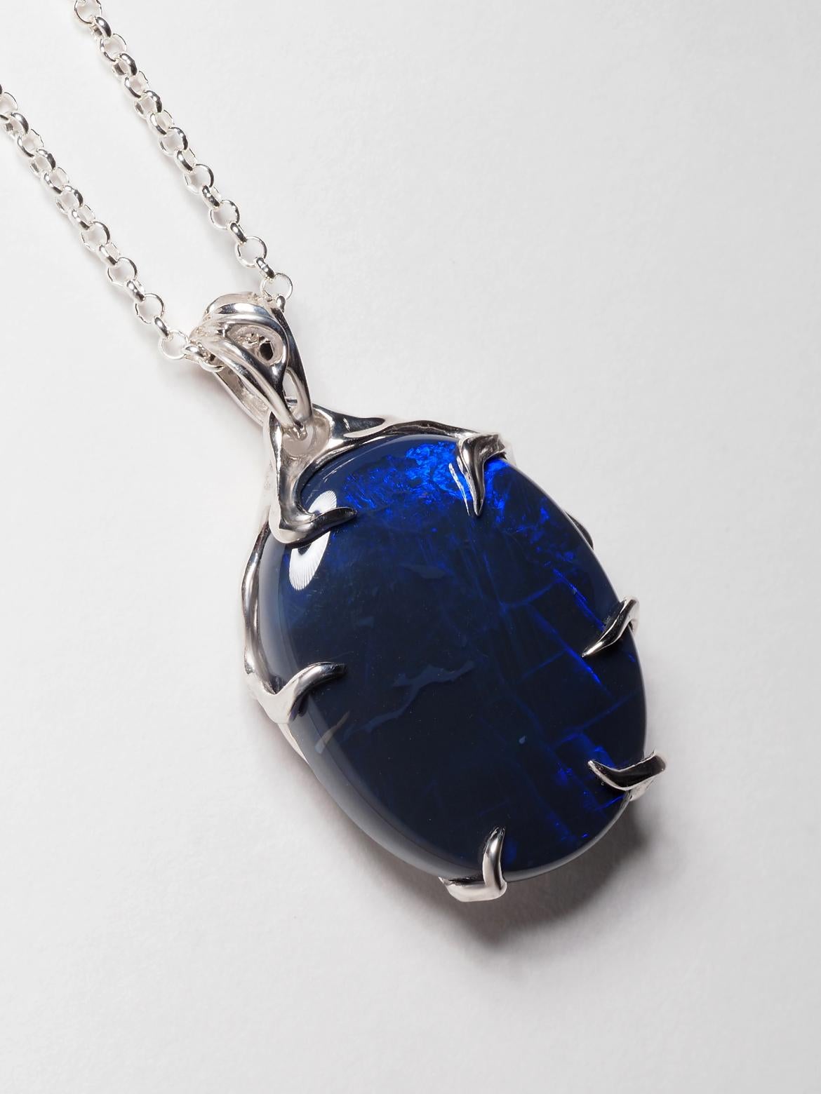 Artisan Black Opal silver necklace Mens jewelry gift Large blue opal australian natural For Sale