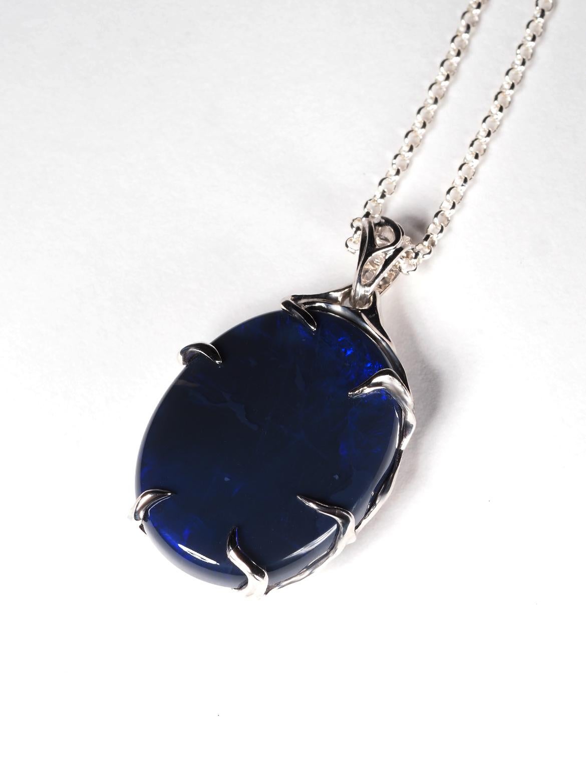 Oval Cut Black Opal silver necklace Mens jewelry gift Large blue opal australian natural For Sale