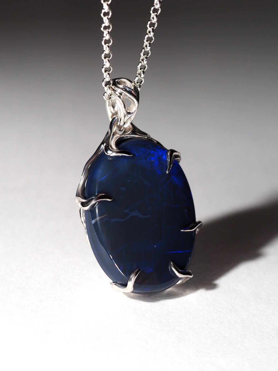 Women's or Men's Black Opal silver necklace Mens jewelry gift Large blue opal australian natural For Sale