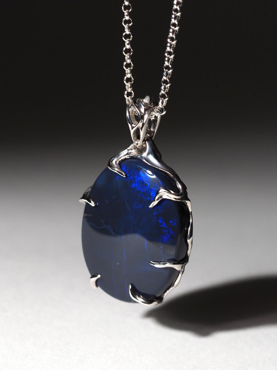 Black Opal silver necklace Mens jewelry gift Large blue opal australian natural For Sale 1