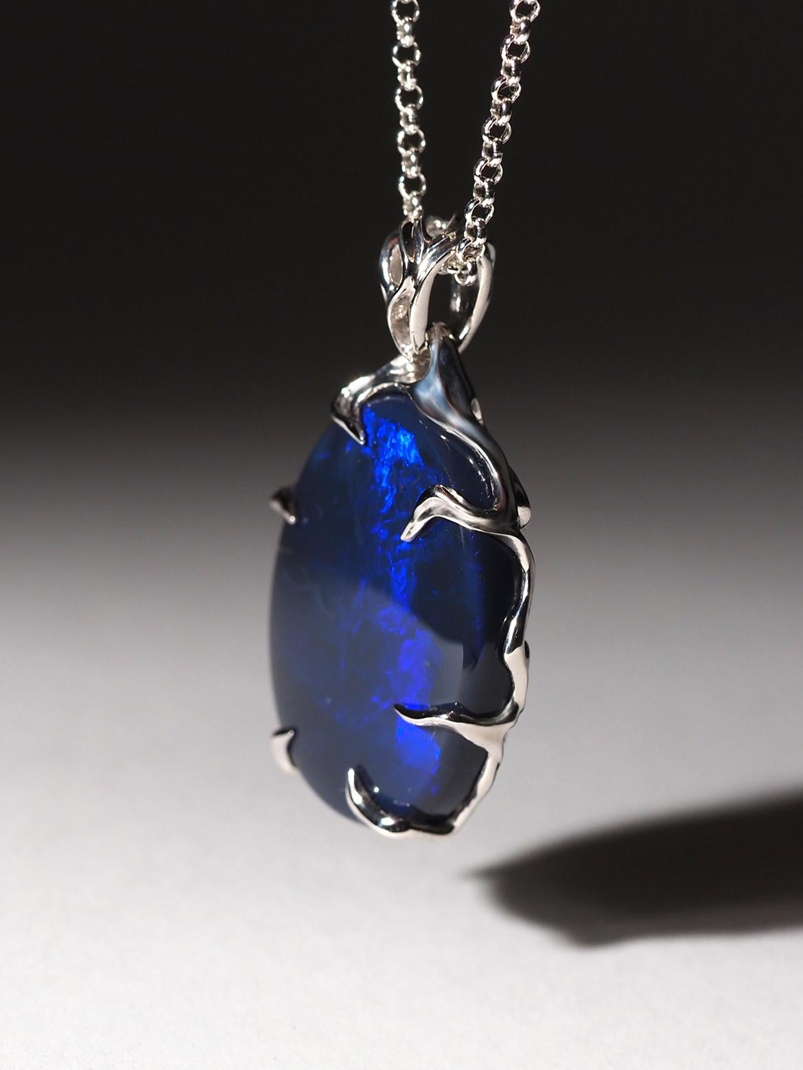 Black Opal silver necklace Mens jewelry gift Large blue opal australian natural For Sale 2