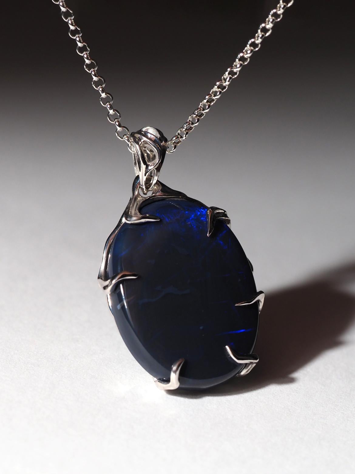 Black Opal silver necklace Mens jewelry gift Large blue opal australian natural For Sale 3