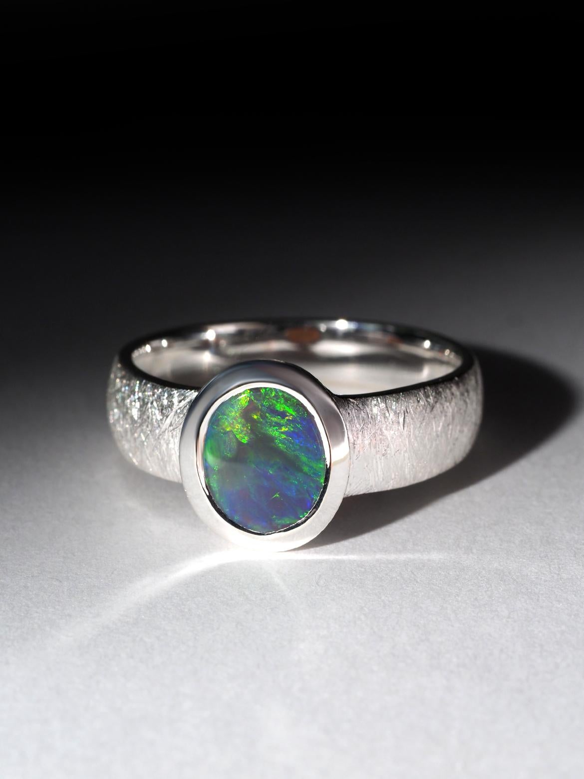 Round Cut Black Opal silver partner unusual promise ring gift opalescence certificate opal