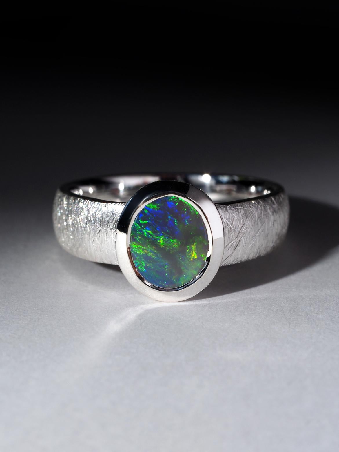 Women's or Men's Black Opal silver partner unusual promise ring gift opalescence certificate opal