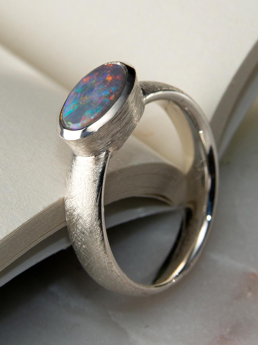 Black Opal Silver Ring Bright Opalescence Australian Stone Unisex For Sale 2