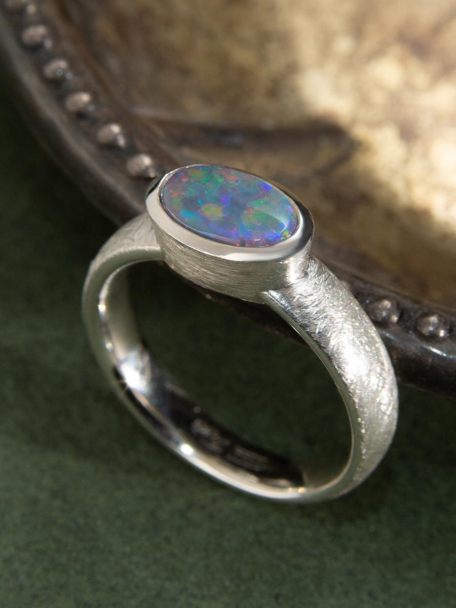 Cabochon Black Opal Silver Ring Bright Opalescence Australian Stone Unisex For Sale