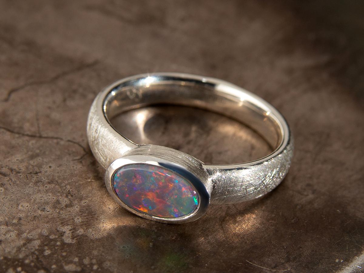 Black Opal Silver Ring Bright Opalescence Australian Stone Unisex For Sale 1