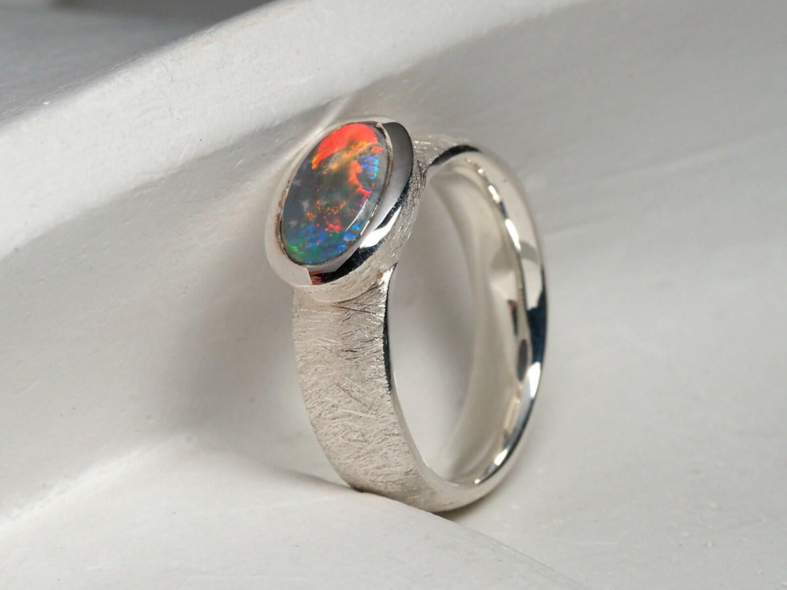 Artist Black Opal Silver Ring Cabochon Multicolor Rainbow Space Australian Gemstone For Sale