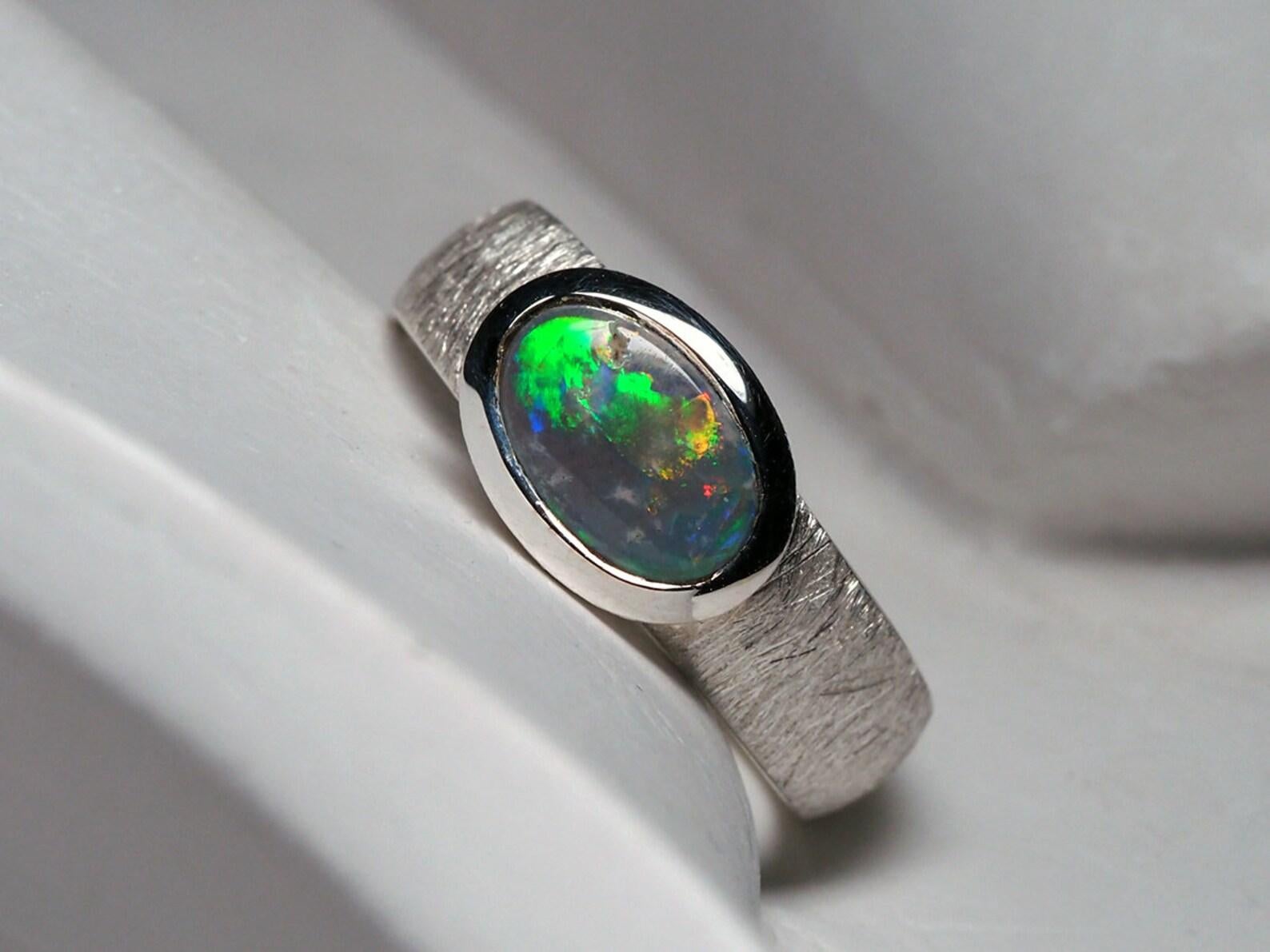Women's or Men's Black Opal Silver Ring Cabochon Multicolor Rainbow Space Australian Gemstone For Sale