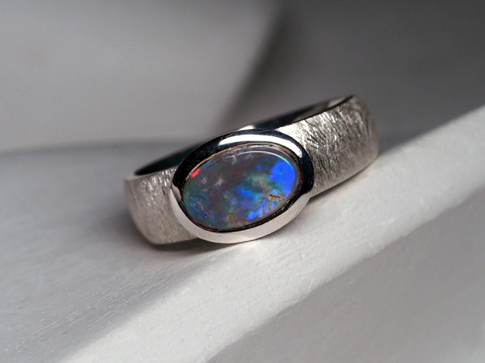 Black Opal Silver Ring Cabochon Multicolor Rainbow Space Australian Gemstone For Sale 1