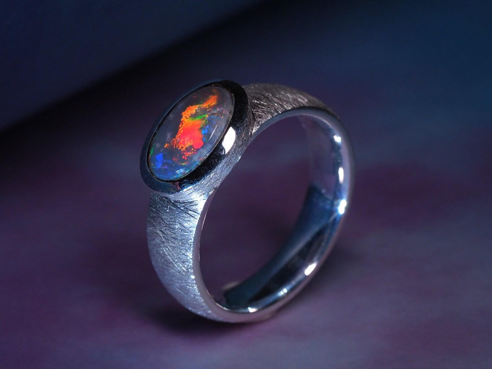 Black Opal Silver Ring Cabochon Multicolor Rainbow Space Australian Gemstone For Sale 2