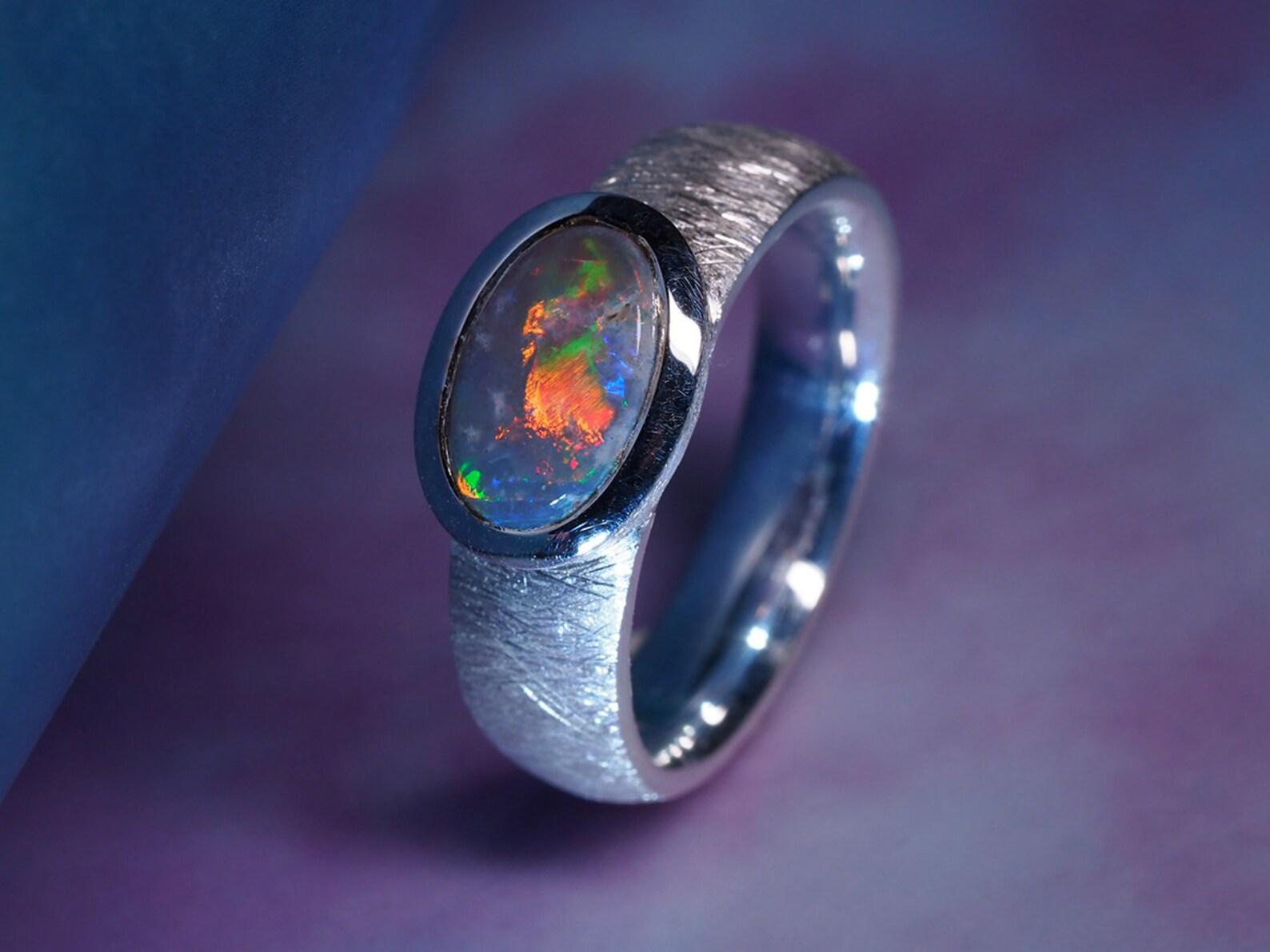 Black Opal Silver Ring Cabochon Multicolor Rainbow Space Australian Gemstone For Sale 3