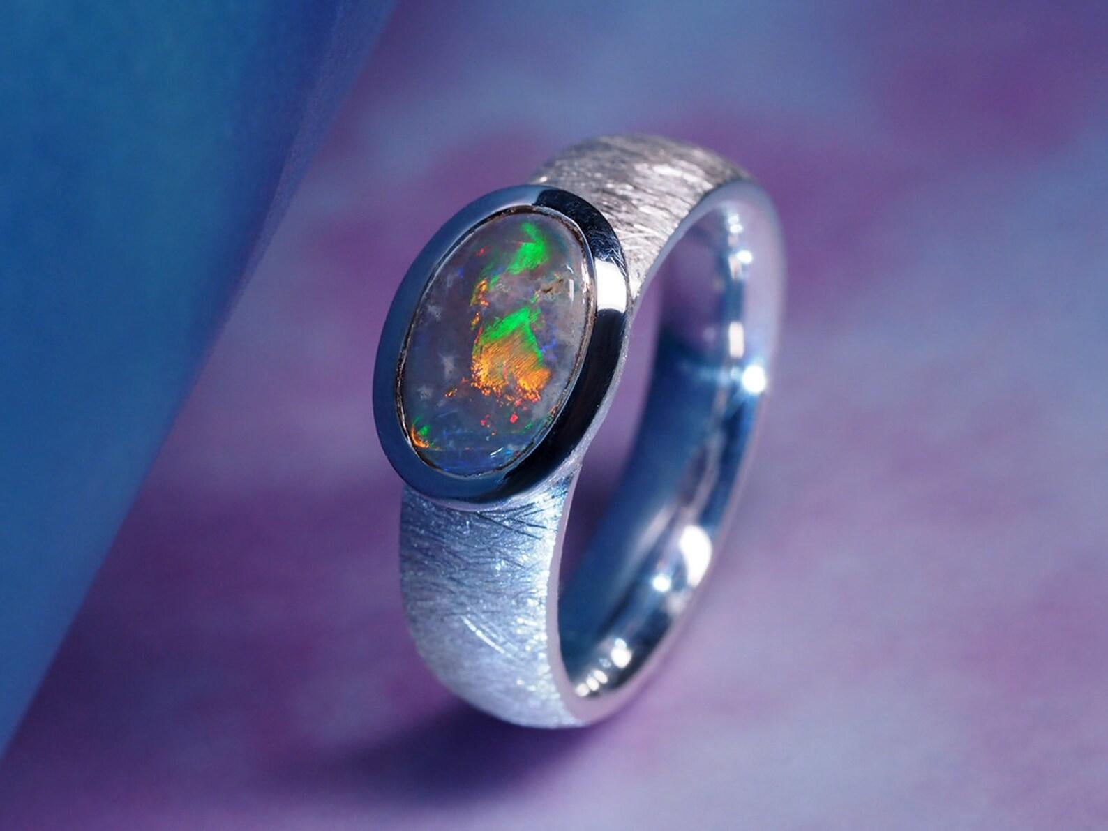 Black Opal Silver Ring Cabochon Multicolor Rainbow Space Australian Gemstone For Sale 4