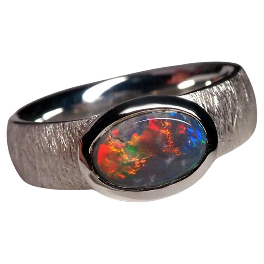 Black Opal Silver Ring Cabochon Multicolor Rainbow Space Australian Gemstone For Sale