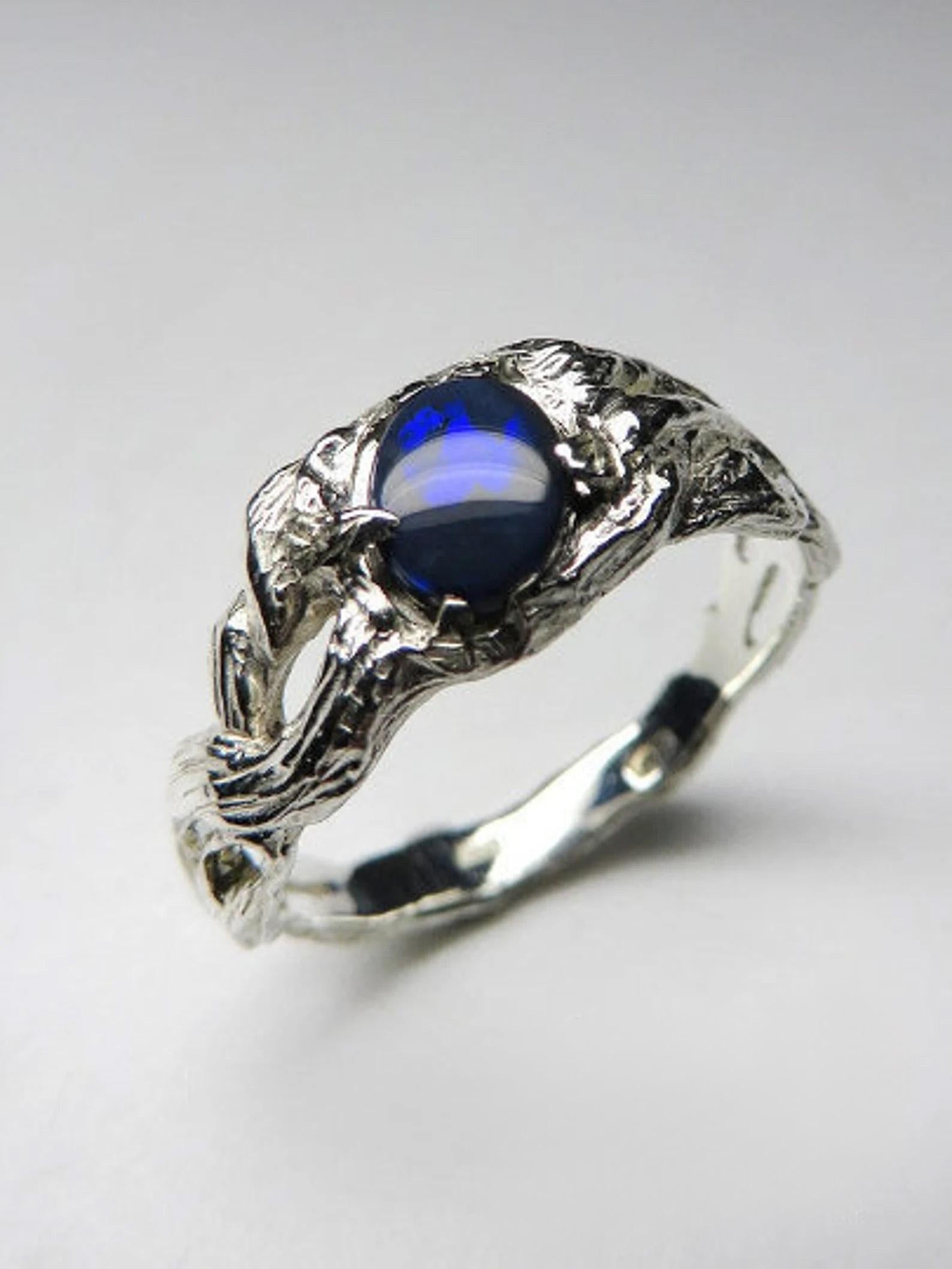 Silver ring with natural Black Opal 
gemstone origin - Australia
opal measurements - 0.079 x 0.16 x 0,24 in / 2 x 4 x 6 mm
opal weight - 0.6 carat
ring size - 8 US
ring weight - 2.95 grams