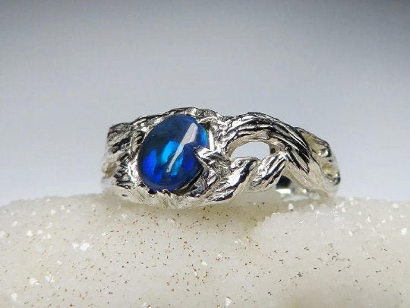 Oval Cut Black Opal Silver Ring Natural Inky Opal Blue Gemstone Christmas gift For Sale