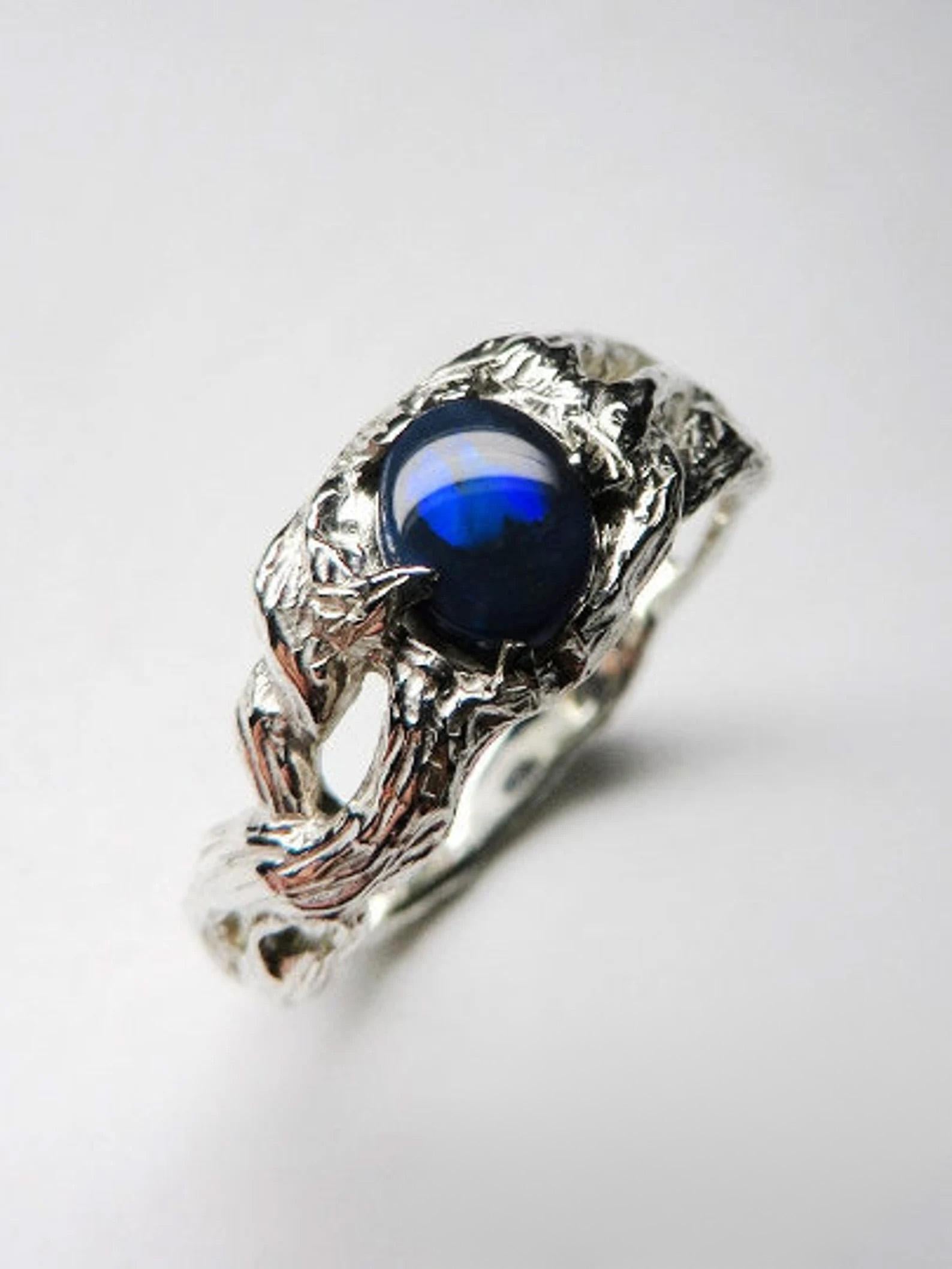 Women's or Men's Black Opal Silver Ring Natural Inky Opal Blue Gemstone Christmas gift For Sale