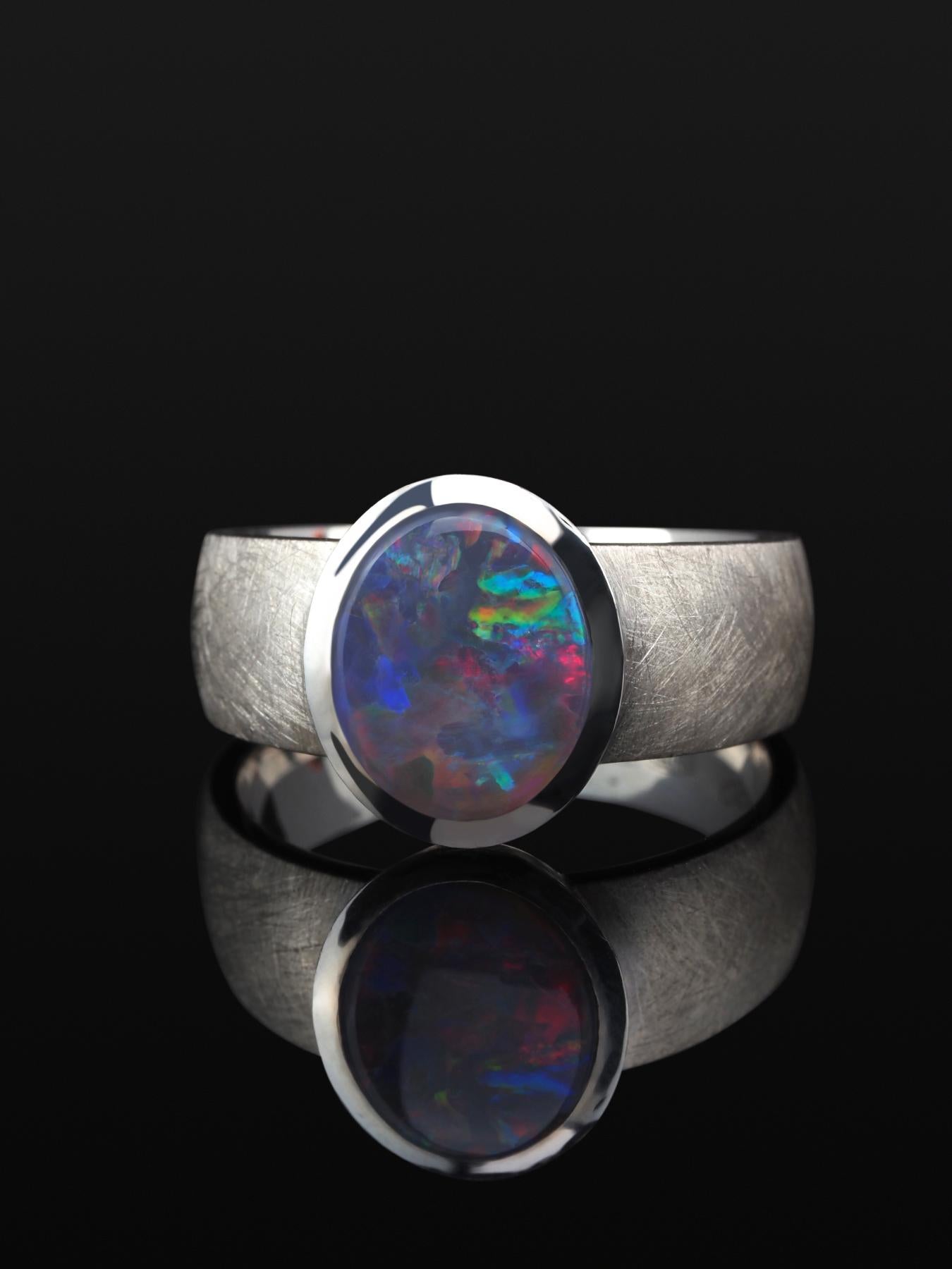 Ópalo Negro Anillo de Plata Policromo Unisex Multicolor Heather Purple Piedra preciosa Cabujón en venta