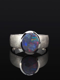 Black Opal Silver Ring Polychrome Unisex Multicolor Heather Purple Gemstone