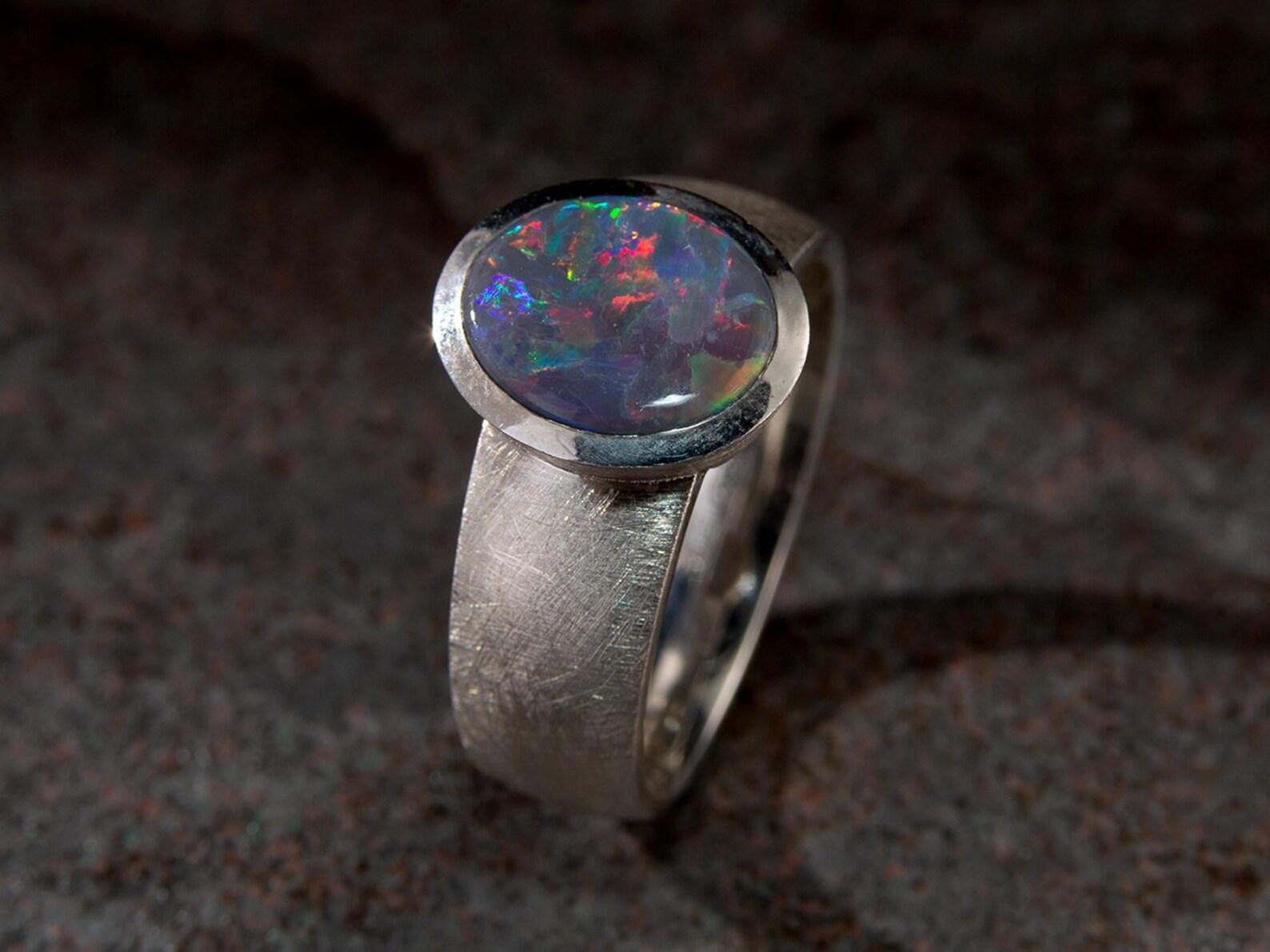 Black Opal Silver Ring Polychrome Unisex Multicolor Heather Purple Gemstone For Sale 1