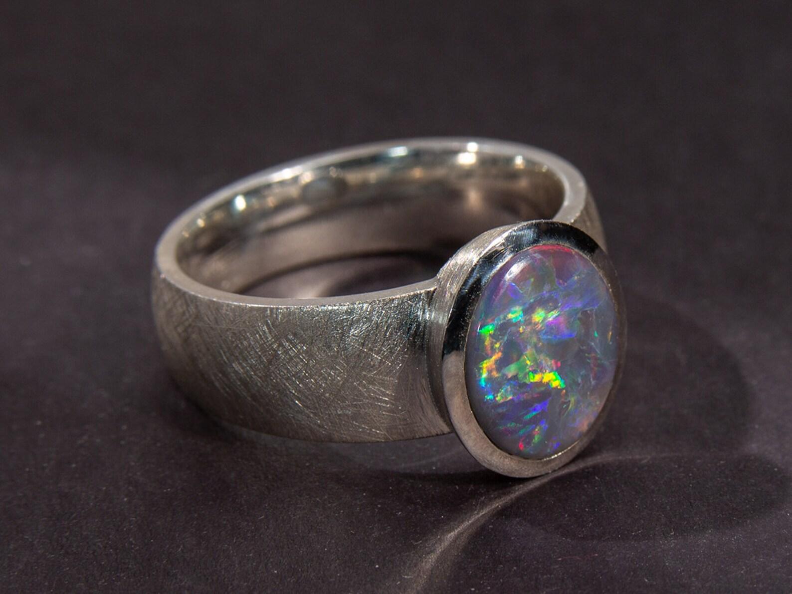 Black Opal Silver Ring Polychrome Unisex Multicolor Heather Purple Gemstone For Sale 2