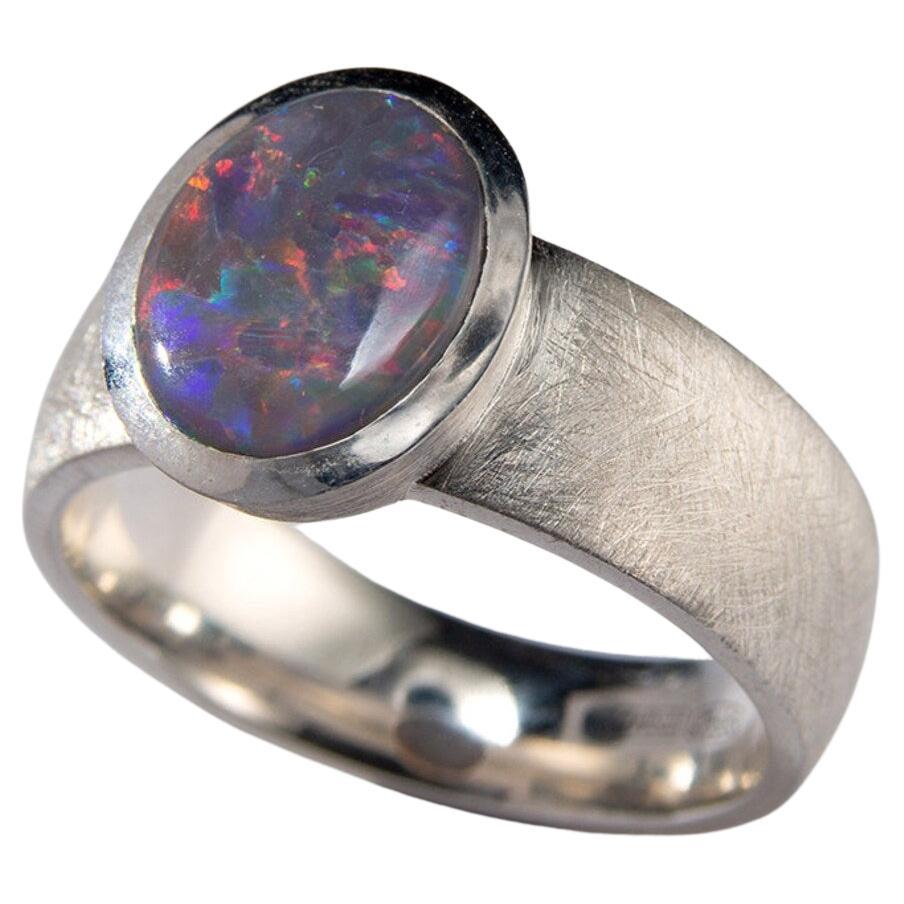 Black Opal Silver Ring Polychrome Unisex Multicolor Heather Purple Gemstone For Sale