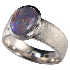 Black Opal Silver Ring Polychrome Unisex Multicolor Heather Purple Gemstone