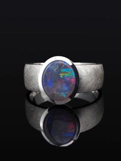 Black Opal Silver Ring Polychrome Unisex Multicolor Heather Purple Gemstone